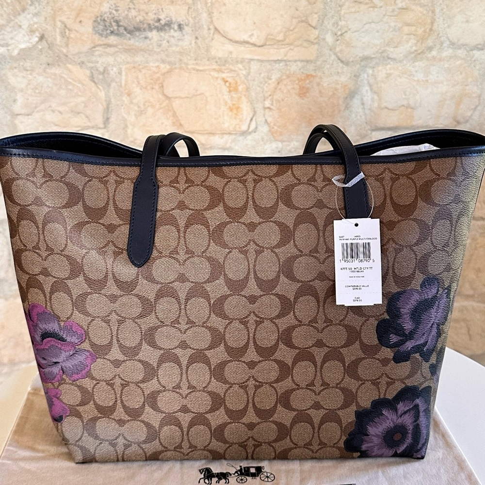 Coach City Tote Kaffe Fassett Floral Signature handbag+wallet brown Purple NWT - Picture 6 of 15